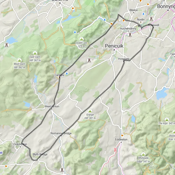 Map miniature of "Scenic Moors and Rolling Hills" cycling inspiration in Eastern Scotland, United Kingdom. Generated by Tarmacs.app cycling route planner