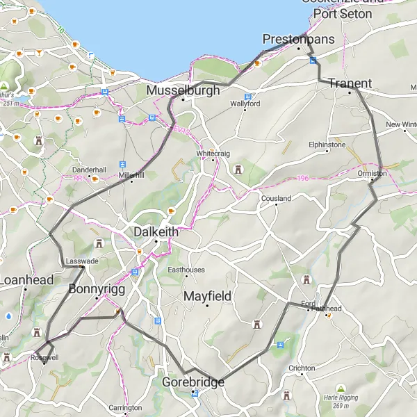 Map miniature of "Musselburgh to Gorebridge Adventure" cycling inspiration in Eastern Scotland, United Kingdom. Generated by Tarmacs.app cycling route planner