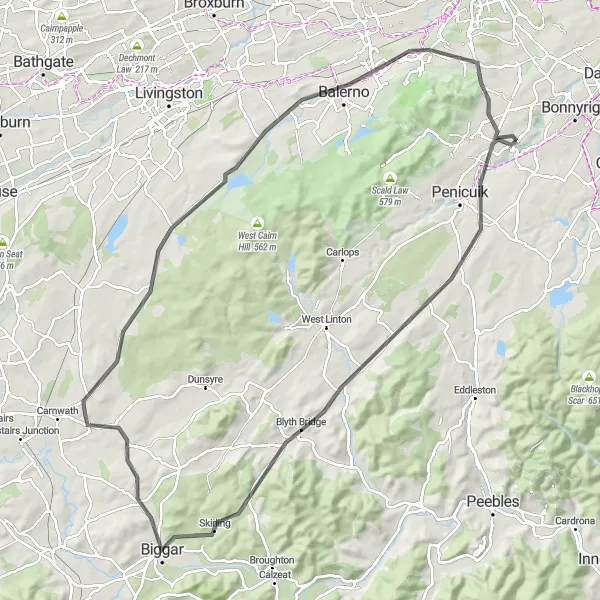 Map miniature of "Roslin and the Hills of East Lothian" cycling inspiration in Eastern Scotland, United Kingdom. Generated by Tarmacs.app cycling route planner