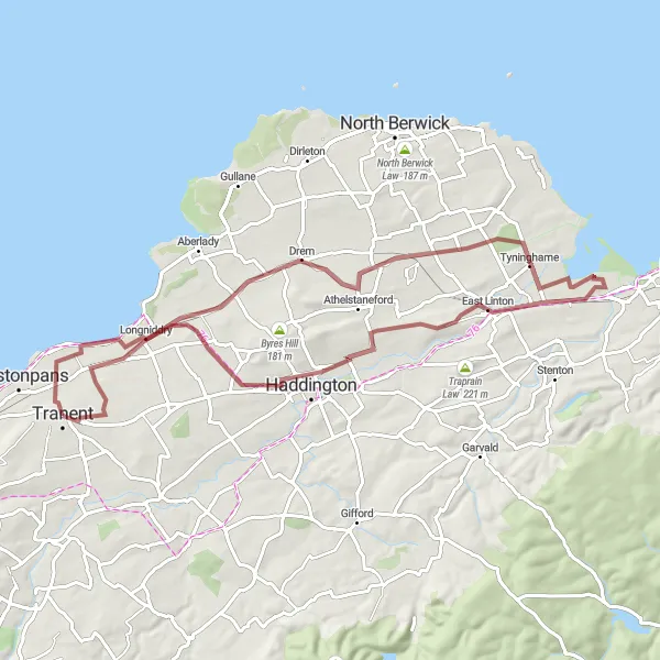 Map miniature of "Tranent to Tyninghame gravel loop" cycling inspiration in Eastern Scotland, United Kingdom. Generated by Tarmacs.app cycling route planner