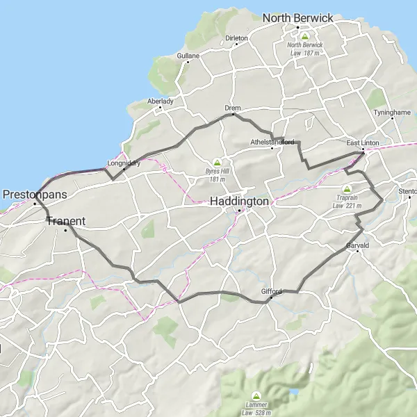 Map miniature of "Tranent to Gifford loop" cycling inspiration in Eastern Scotland, United Kingdom. Generated by Tarmacs.app cycling route planner