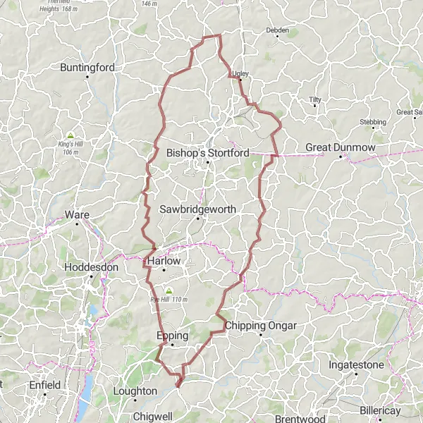 Map miniature of "Gravel Adventure in Essex Countryside" cycling inspiration in Essex, United Kingdom. Generated by Tarmacs.app cycling route planner