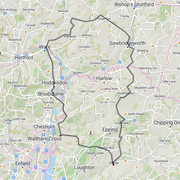 Map miniature of "Exploring Essex Villages" cycling inspiration in Essex, United Kingdom. Generated by Tarmacs.app cycling route planner