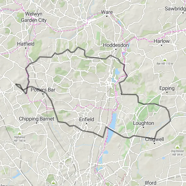 Map miniature of "Historical Ride through Essex" cycling inspiration in Essex, United Kingdom. Generated by Tarmacs.app cycling route planner