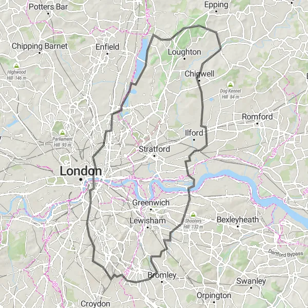 Map miniature of "London and Beyond" cycling inspiration in Essex, United Kingdom. Generated by Tarmacs.app cycling route planner