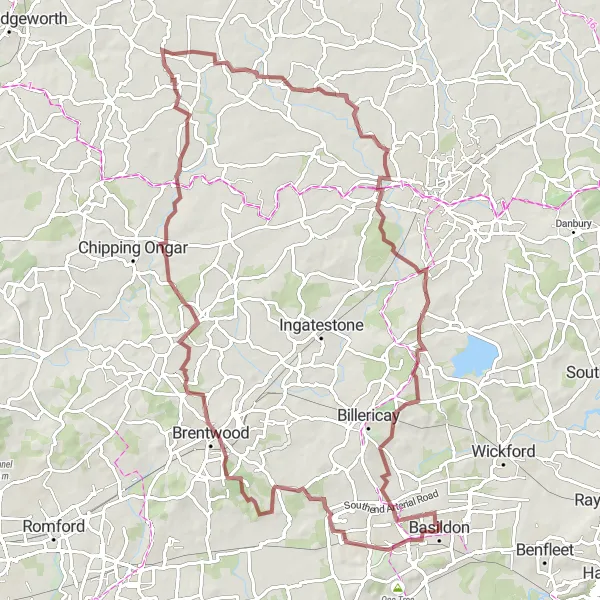 Map miniature of "Gravel adventure through Basildon and Great Burstead" cycling inspiration in Essex, United Kingdom. Generated by Tarmacs.app cycling route planner