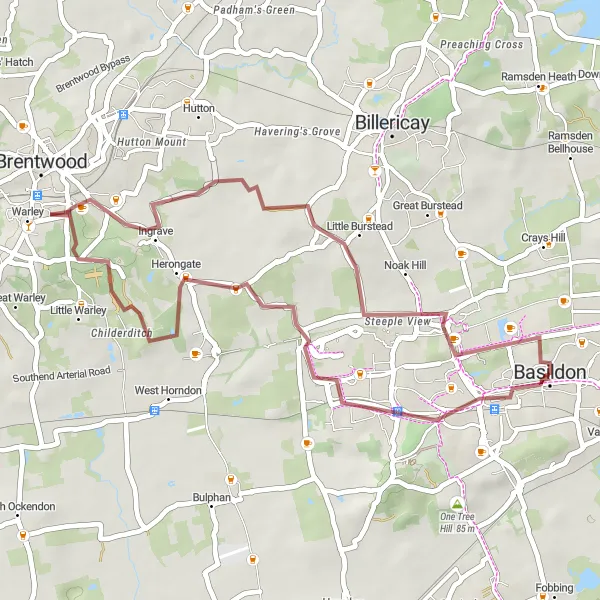 Map miniature of "Scenic gravel ride from Basildon to Noak Bridge" cycling inspiration in Essex, United Kingdom. Generated by Tarmacs.app cycling route planner