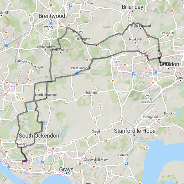 Map miniature of "Scenic Road Loop via Aveley and West Horndon" cycling inspiration in Essex, United Kingdom. Generated by Tarmacs.app cycling route planner