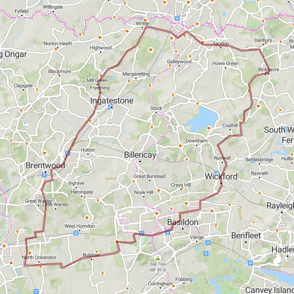 Map miniature of "The Wickford to Bicknacre Circuit" cycling inspiration in Essex, United Kingdom. Generated by Tarmacs.app cycling route planner