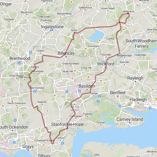 Map miniature of "The Rettendon Orsett Circuit" cycling inspiration in Essex, United Kingdom. Generated by Tarmacs.app cycling route planner