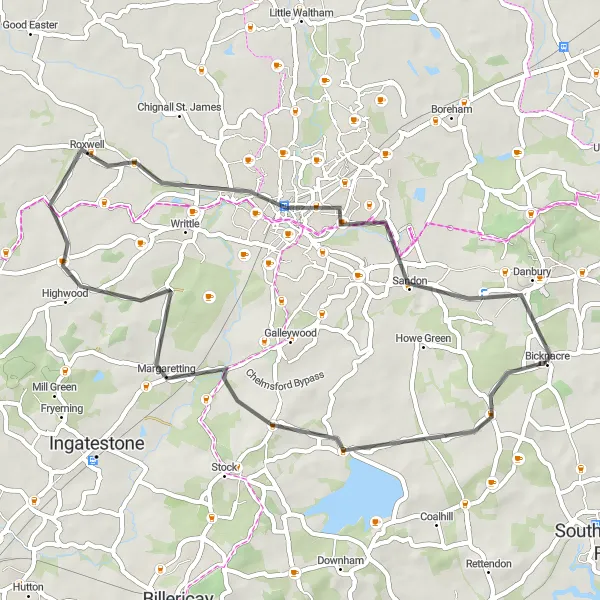 Map miniature of "The Hanningfield Circuit" cycling inspiration in Essex, United Kingdom. Generated by Tarmacs.app cycling route planner