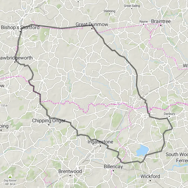 Map miniature of "Discover Essex Villages" cycling inspiration in Essex, United Kingdom. Generated by Tarmacs.app cycling route planner