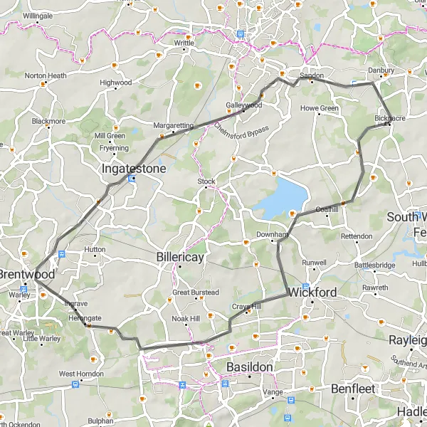 Map miniature of "Exploring Essex's Countryside" cycling inspiration in Essex, United Kingdom. Generated by Tarmacs.app cycling route planner