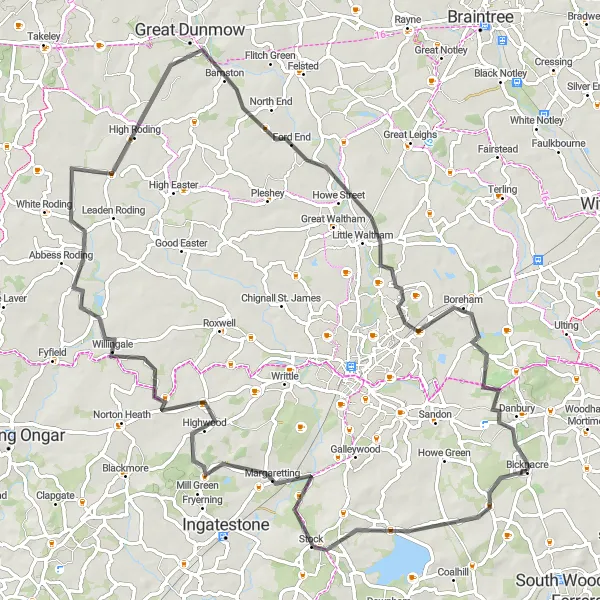 Map miniature of "Cycling Adventure through Essex" cycling inspiration in Essex, United Kingdom. Generated by Tarmacs.app cycling route planner