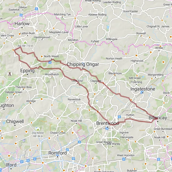 Map miniature of "Epping Forest Gravel Escape" cycling inspiration in Essex, United Kingdom. Generated by Tarmacs.app cycling route planner