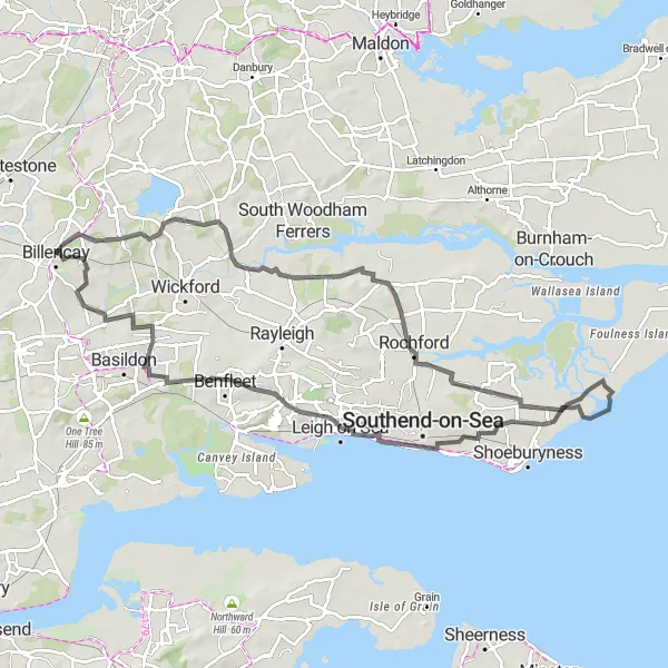 Map miniature of "The Rettendon Route" cycling inspiration in Essex, United Kingdom. Generated by Tarmacs.app cycling route planner