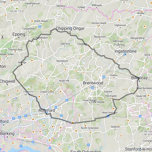 Map miniature of "The Upminster Route" cycling inspiration in Essex, United Kingdom. Generated by Tarmacs.app cycling route planner