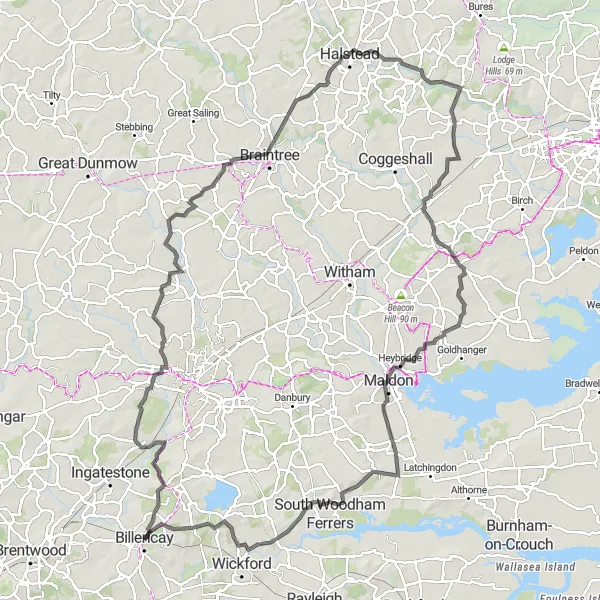 Map miniature of "Exploring Essex's Scenic Roads" cycling inspiration in Essex, United Kingdom. Generated by Tarmacs.app cycling route planner