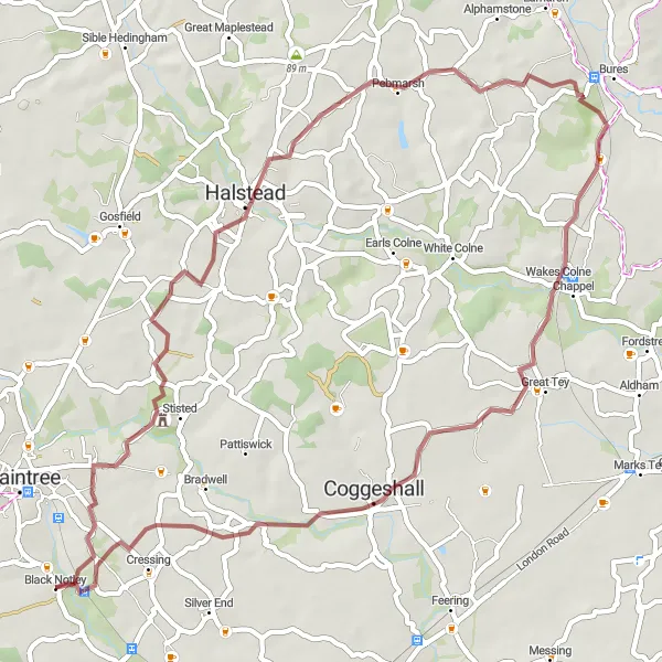 Map miniature of "The Gravel Paths of Black Notley" cycling inspiration in Essex, United Kingdom. Generated by Tarmacs.app cycling route planner