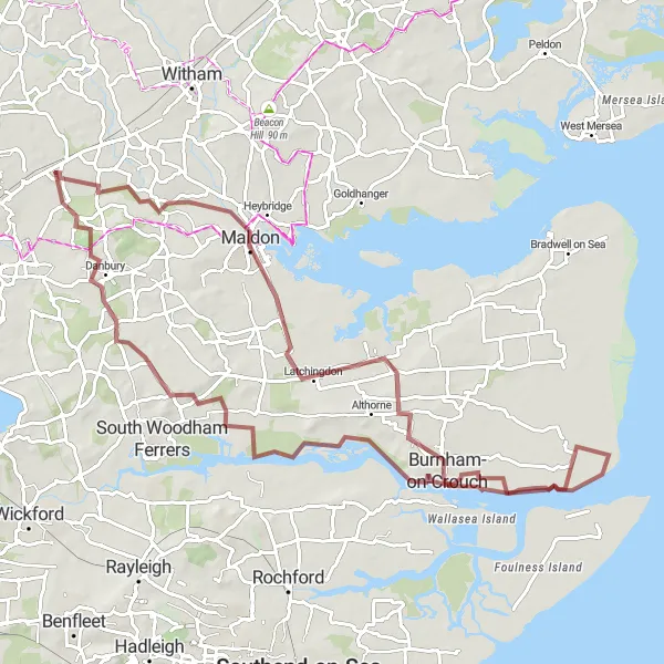 Map miniature of "Boreham and Maldon Gravel Adventure" cycling inspiration in Essex, United Kingdom. Generated by Tarmacs.app cycling route planner