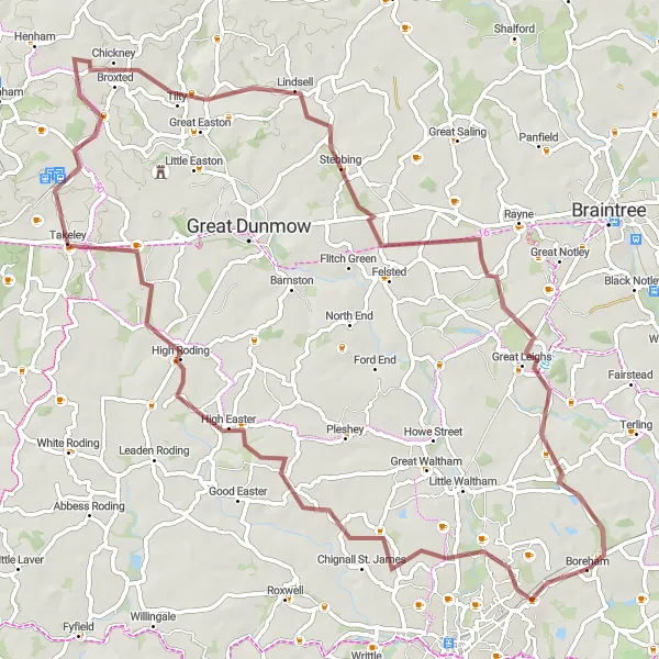 Map miniature of "Exploring Mashbury and Lindsell" cycling inspiration in Essex, United Kingdom. Generated by Tarmacs.app cycling route planner