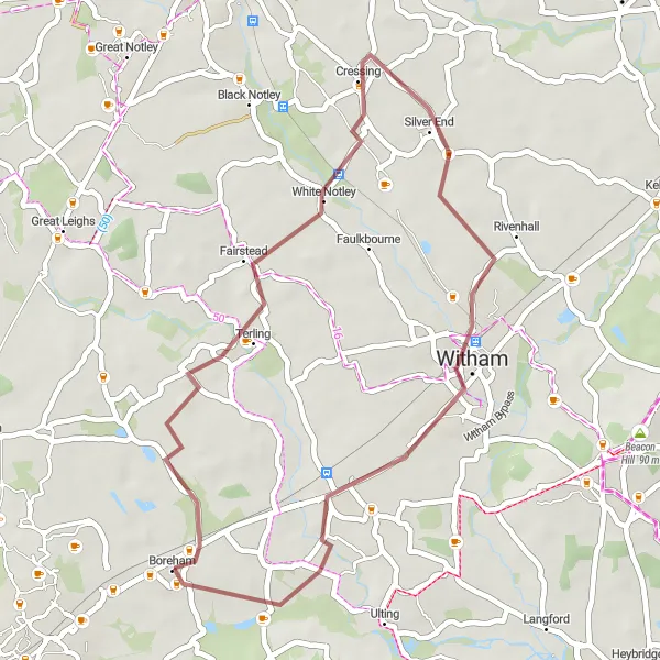 Map miniature of "Boreham and Cressing Gravel Route" cycling inspiration in Essex, United Kingdom. Generated by Tarmacs.app cycling route planner