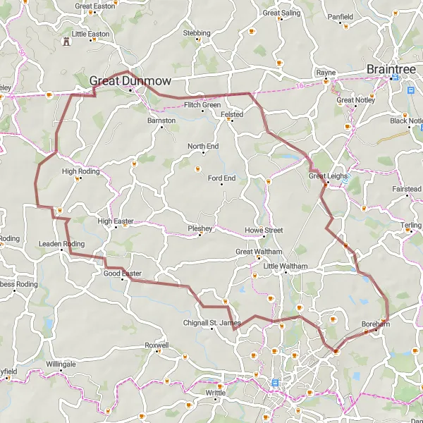 Map miniature of "Discovering Mashbury and Great Leighs" cycling inspiration in Essex, United Kingdom. Generated by Tarmacs.app cycling route planner