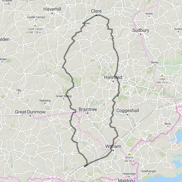 Map miniature of "Scenic Route to Silver End" cycling inspiration in Essex, United Kingdom. Generated by Tarmacs.app cycling route planner