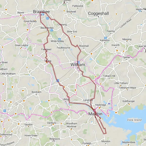 Map miniature of "The Charming Maldon Loop" cycling inspiration in Essex, United Kingdom. Generated by Tarmacs.app cycling route planner