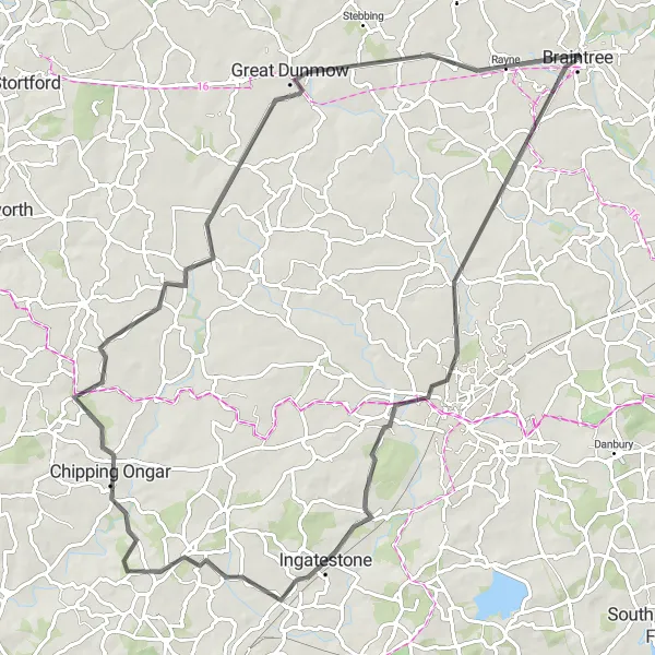 Map miniature of "The Rural Countryside Road Trip" cycling inspiration in Essex, United Kingdom. Generated by Tarmacs.app cycling route planner