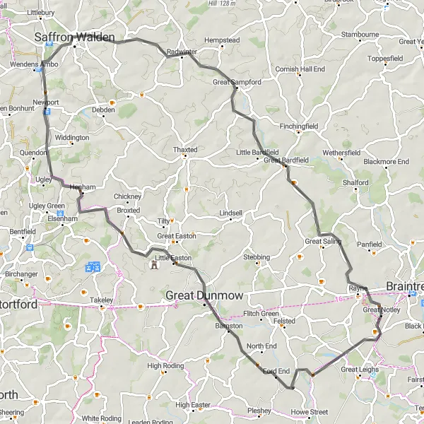 Map miniature of "Saffron Walden Loop" cycling inspiration in Essex, United Kingdom. Generated by Tarmacs.app cycling route planner