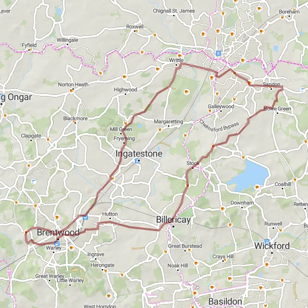 Map miniature of "Brentwood to South Weald Gravel Route" cycling inspiration in Essex, United Kingdom. Generated by Tarmacs.app cycling route planner