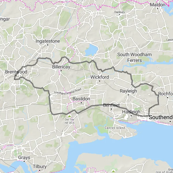 Map miniature of "The Hawkwell Adventure" cycling inspiration in Essex, United Kingdom. Generated by Tarmacs.app cycling route planner