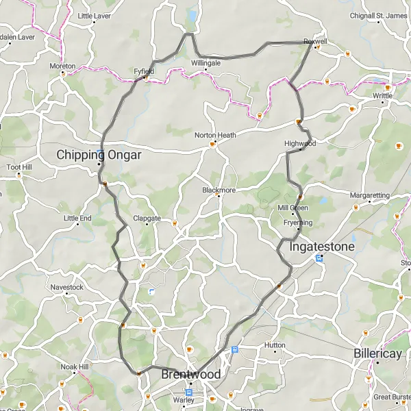 Map miniature of "The Mountnessing Loop" cycling inspiration in Essex, United Kingdom. Generated by Tarmacs.app cycling route planner