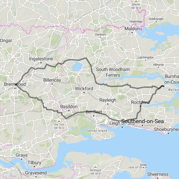 Map miniature of "The Hadleigh Odyssey" cycling inspiration in Essex, United Kingdom. Generated by Tarmacs.app cycling route planner