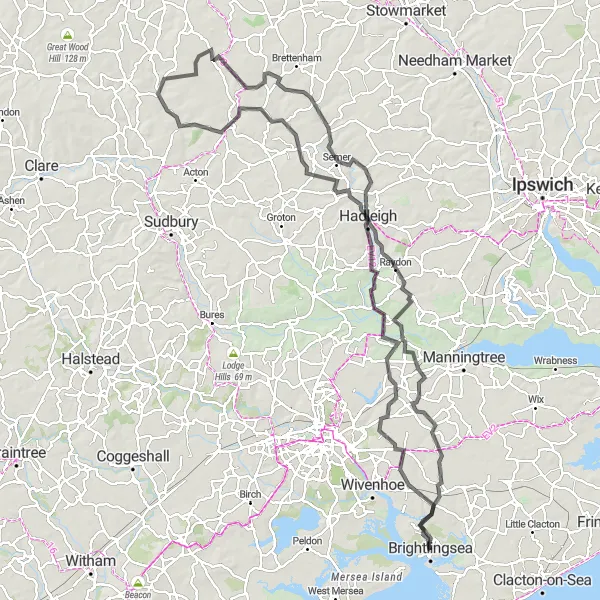 Map miniature of "The Coastal Loop" cycling inspiration in Essex, United Kingdom. Generated by Tarmacs.app cycling route planner