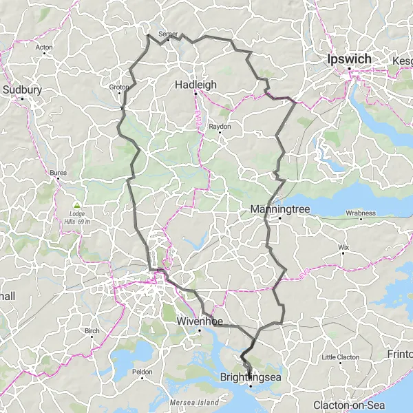 Map miniature of "The Essex Explorer" cycling inspiration in Essex, United Kingdom. Generated by Tarmacs.app cycling route planner