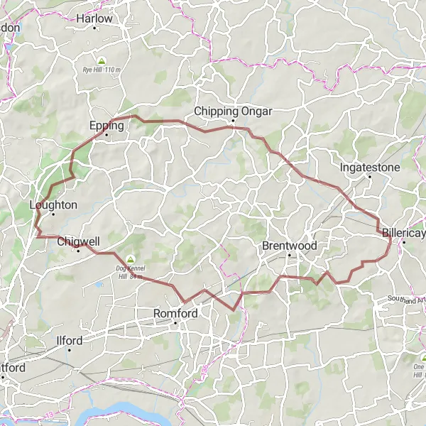 Map miniature of "Epping and Chigwell Gravel Adventure" cycling inspiration in Essex, United Kingdom. Generated by Tarmacs.app cycling route planner