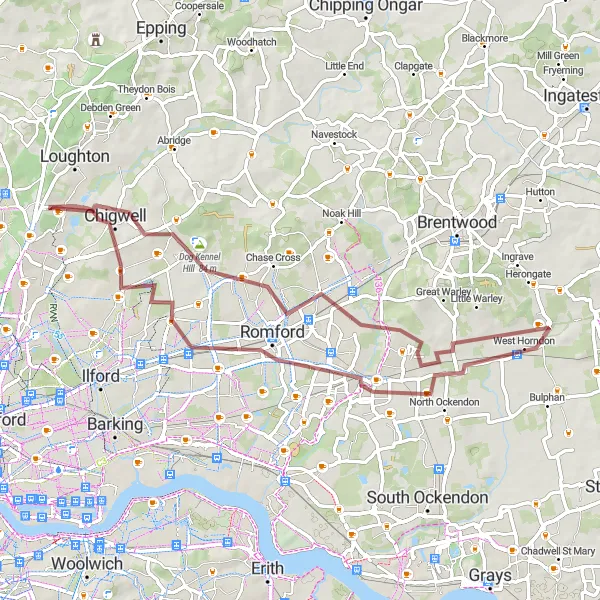 Map miniature of "Exploring Gravel Trails" cycling inspiration in Essex, United Kingdom. Generated by Tarmacs.app cycling route planner