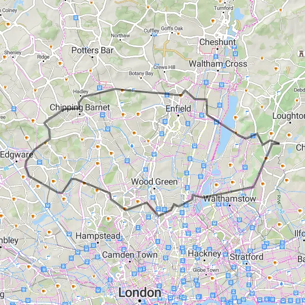 Map miniature of "Harringay to Pole Hill Road Ride" cycling inspiration in Essex, United Kingdom. Generated by Tarmacs.app cycling route planner