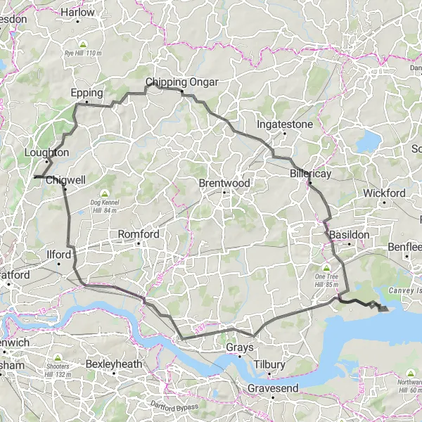 Map miniature of "The Essex Challenge" cycling inspiration in Essex, United Kingdom. Generated by Tarmacs.app cycling route planner