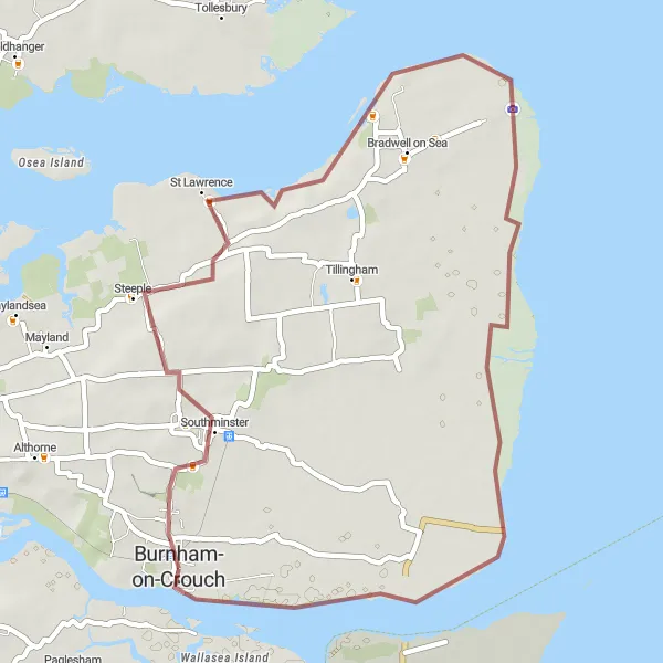 Map miniature of "Coastal adventure gravel route near Burnham-on-Crouch" cycling inspiration in Essex, United Kingdom. Generated by Tarmacs.app cycling route planner