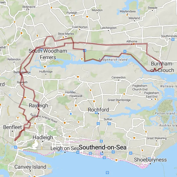 Map miniature of "Hills and estuary gravel adventure near Burnham-on-Crouch" cycling inspiration in Essex, United Kingdom. Generated by Tarmacs.app cycling route planner