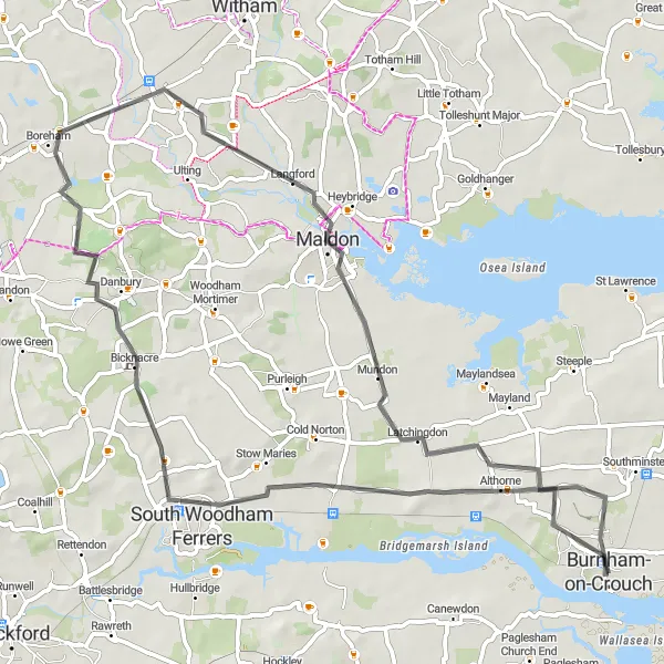 Map miniature of "Countryside road cycling adventure near Burnham-on-Crouch" cycling inspiration in Essex, United Kingdom. Generated by Tarmacs.app cycling route planner