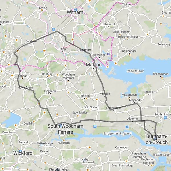 Map miniature of "Burnham-on-Crouch to Hatfield Peverel Road Loop" cycling inspiration in Essex, United Kingdom. Generated by Tarmacs.app cycling route planner