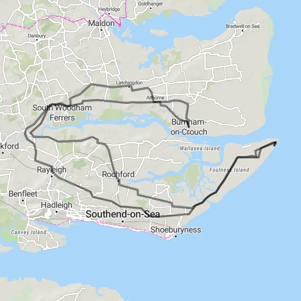 Map miniature of "Hullbridge to Rettendon Road Adventure" cycling inspiration in Essex, United Kingdom. Generated by Tarmacs.app cycling route planner