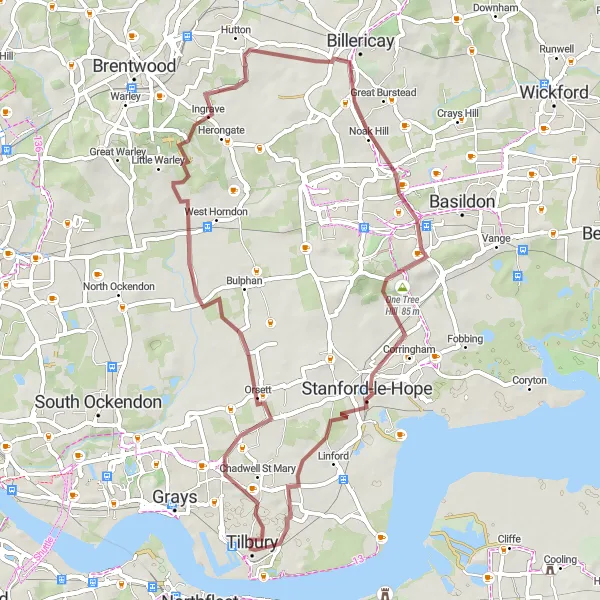 Map miniature of "Orsett and Havering's Grove Gravel Adventure" cycling inspiration in Essex, United Kingdom. Generated by Tarmacs.app cycling route planner