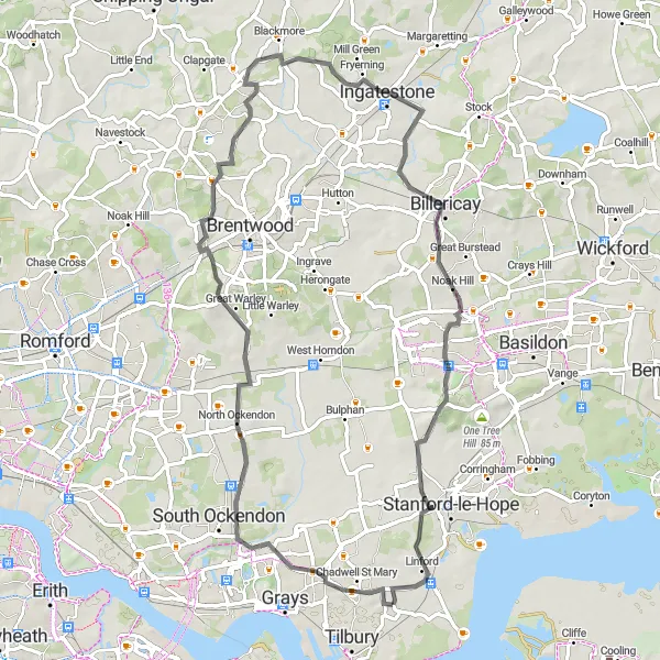 Map miniature of "Chadwell St Mary to Laindon Scenic Road Ride" cycling inspiration in Essex, United Kingdom. Generated by Tarmacs.app cycling route planner