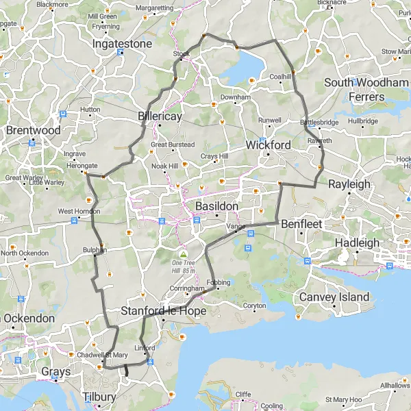 Map miniature of "Bulphan to West Tilbury Scenic Road Route" cycling inspiration in Essex, United Kingdom. Generated by Tarmacs.app cycling route planner