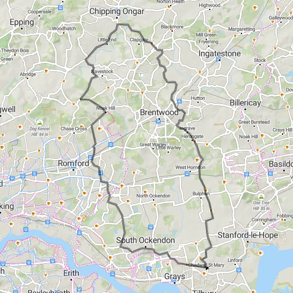 Map miniature of "The Scenic Hornchurch Loop" cycling inspiration in Essex, United Kingdom. Generated by Tarmacs.app cycling route planner